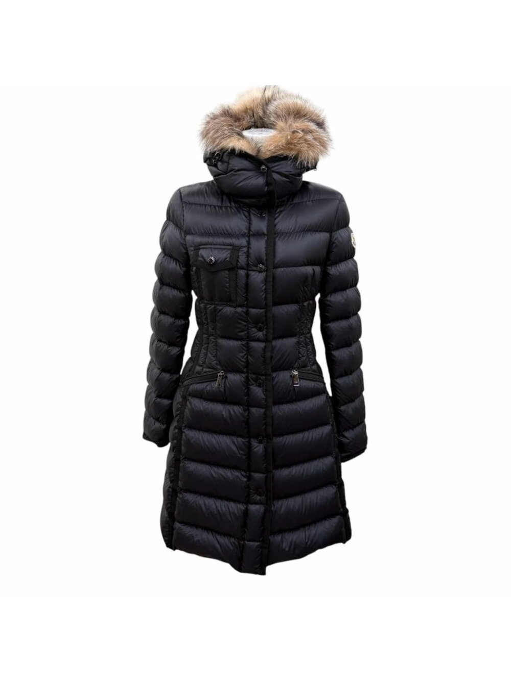 Moncler Hermifur Logo Patch Hooded Down Coat Black 00